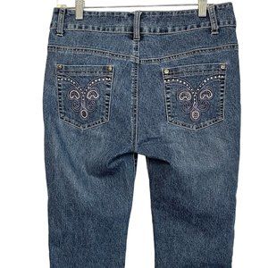 Cosmopolitan Denim Capri Size 8 Embroidered Mid-Rise Rhinestones Purple Pockets